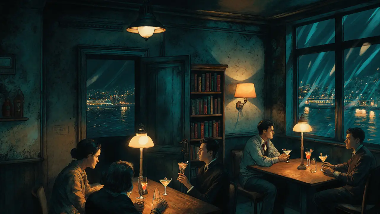 A dimly lit hidden bar with patrons drinking cocktails and a sliding bookshelf revealing a secret entrance.