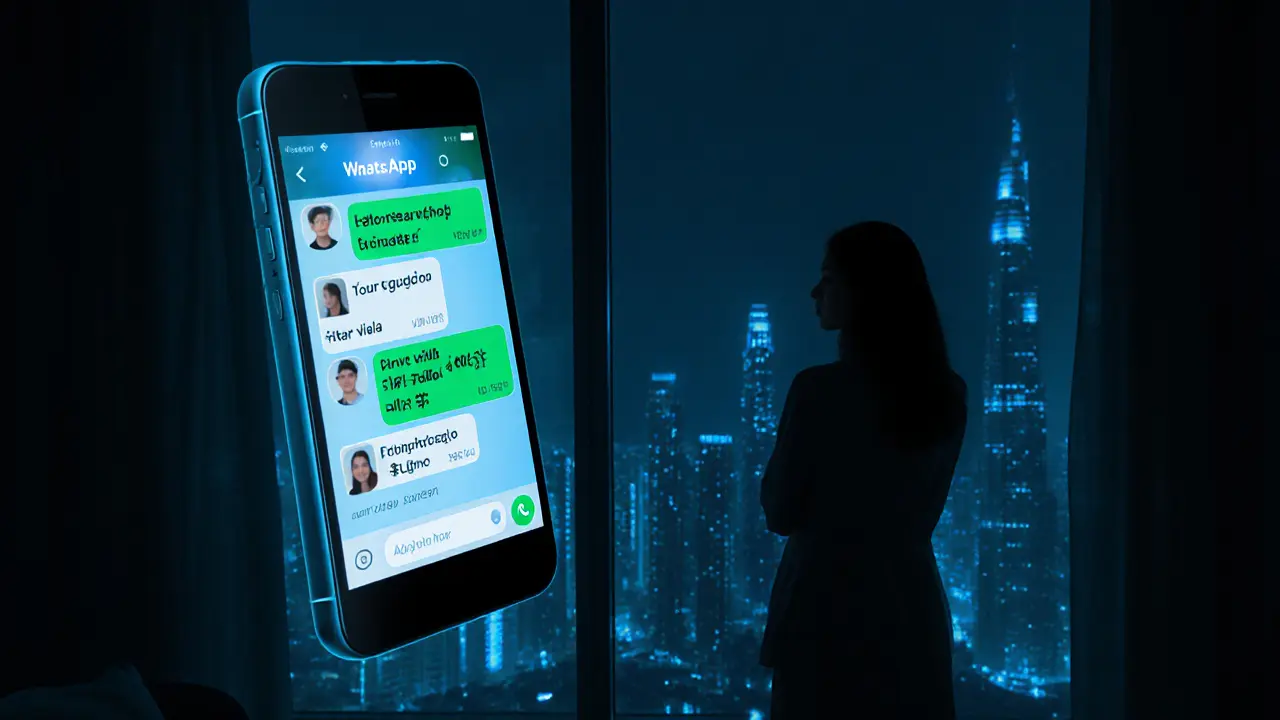 A floating encrypted chat with coded messages about escort services, set against a blurred city skyline.