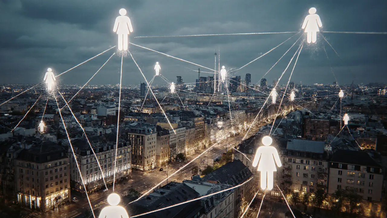 A glowing Berlin cityscape with transparent threads symbolizing safe, dignified human connections.