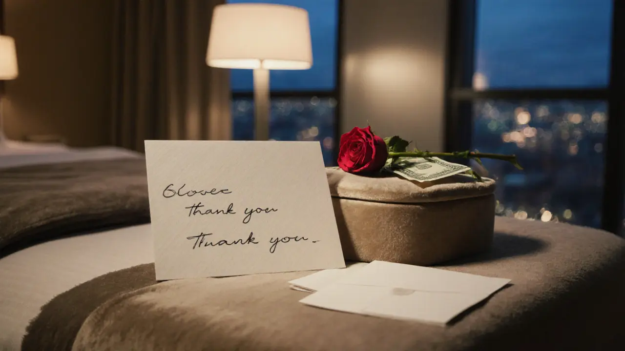 A handwritten thank-you note and rose rest on a velvet box beside cash, lit by soft lamp light in a luxury hotel suite.