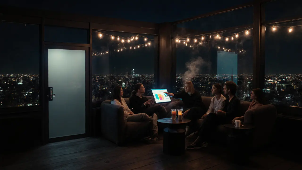 A hidden rooftop bar where people gather around a tablet showing a live analytics dashboard under soft string lights.