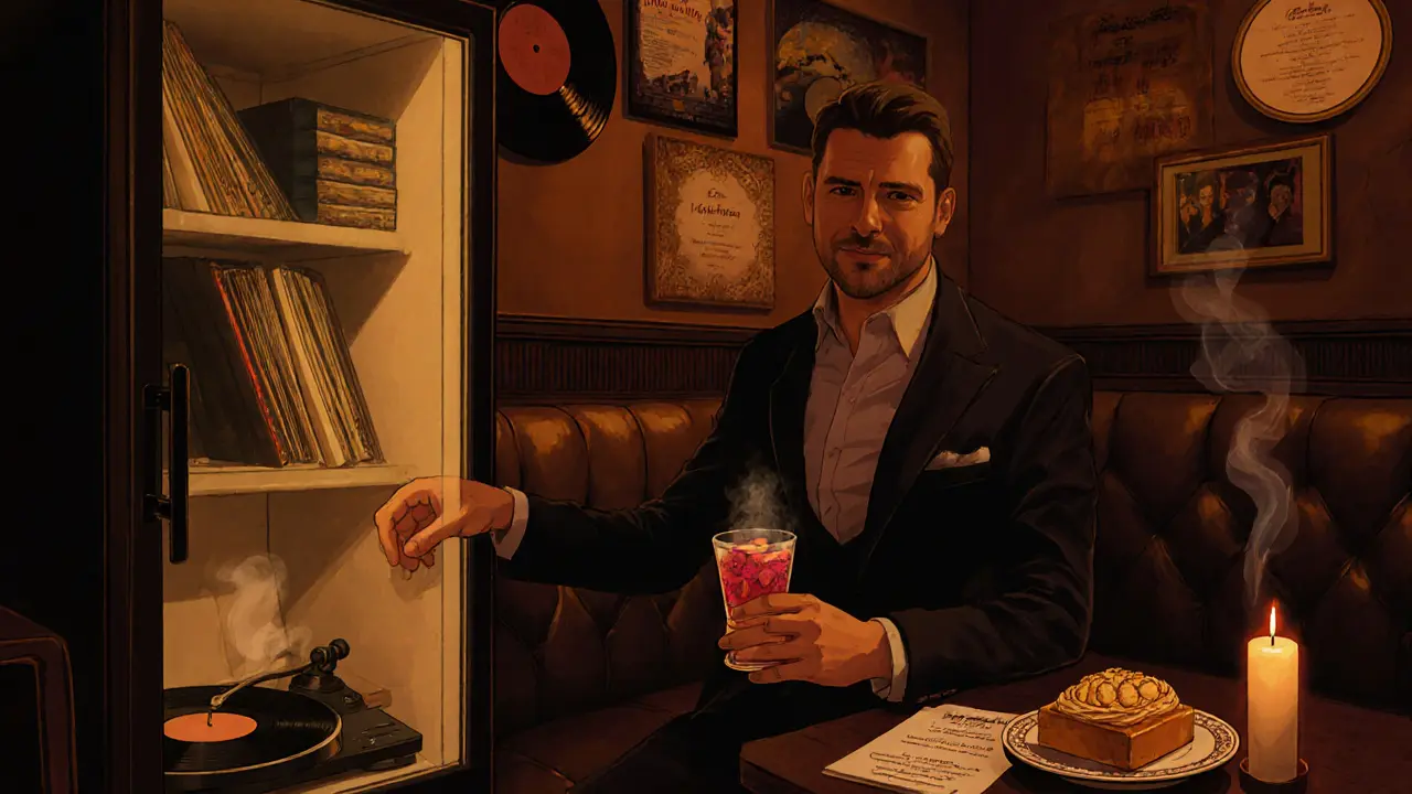 A hidden speakeasy behind a fridge with vintage vinyl, leather booths, and a cocktail served with baklava on a napkin menu.