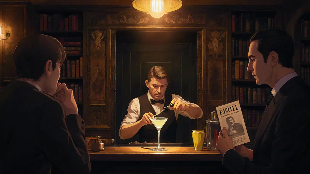 A hidden speakeasy with a bartender mixing a Shakespeare-inspired cocktail in dim light.
