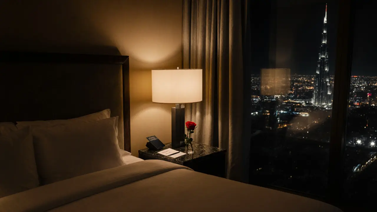 A luxurious hotel room at night with a handwritten note, keycard, and rose on a marble table, empty bed, and city lights visible through the window.