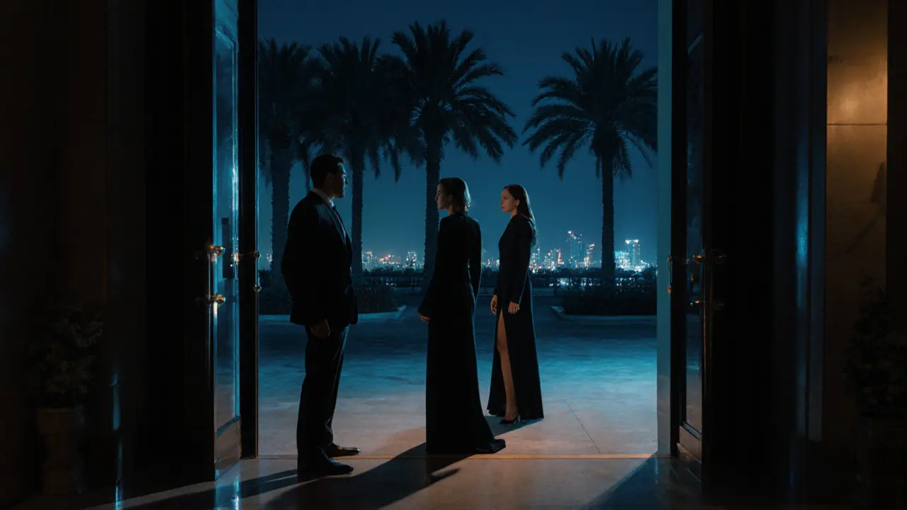 A man and woman hesitate near a hotel lobby entrance in Dubai at night, their meeting shrouded in shadow and secrecy.