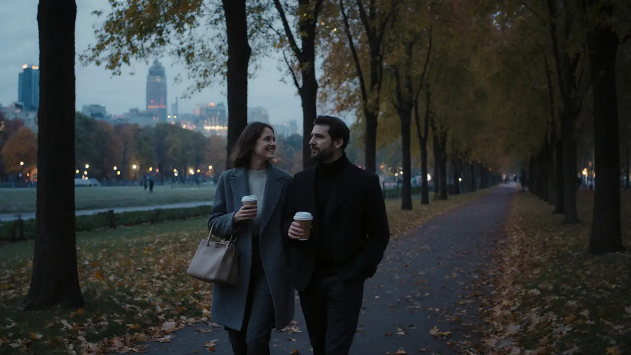 A man and woman walking peacefully together in Tiergarten Park during autumn evening.
