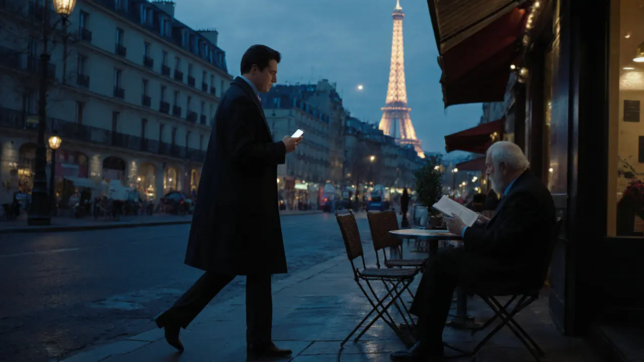 A modern escort walks peacefully through Paris at dusk, Eiffel Tower glowing in distance.