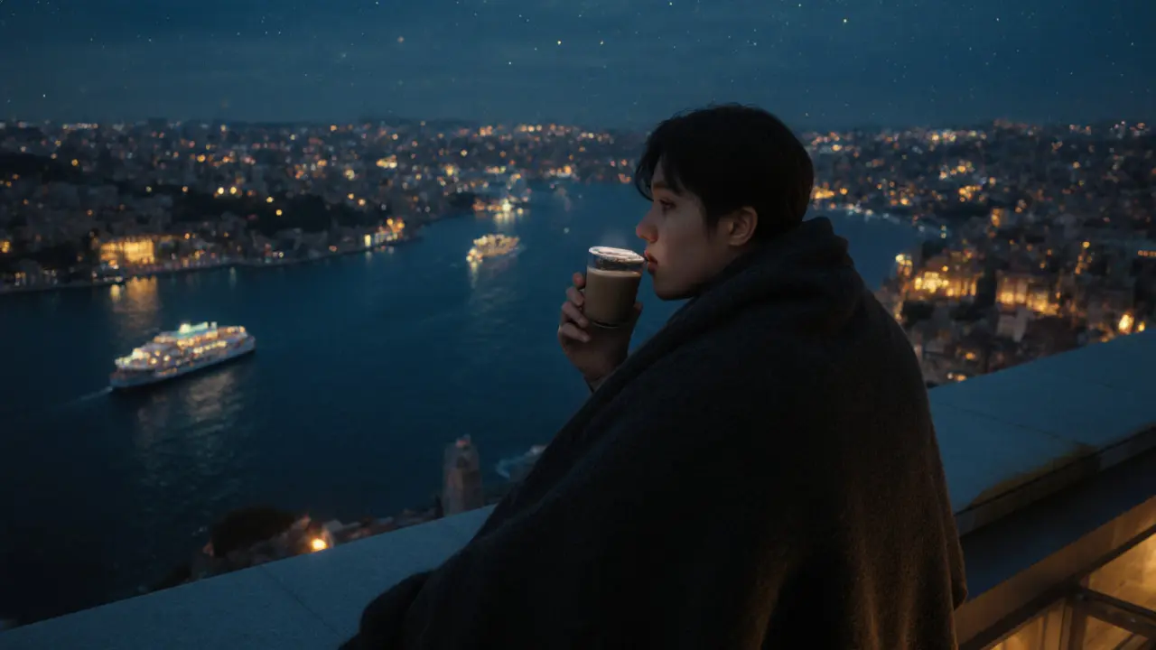 A person sitting alone on a rooftop terrace at midnight, watching ferry lights glide across the Bosphorus.