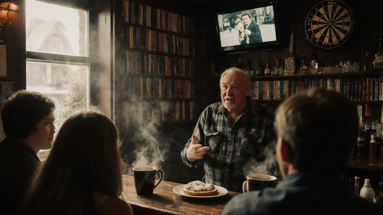 A pub landlord points at a vintage film on TV while patrons listen, surrounded by shelves of old VHS tapes.