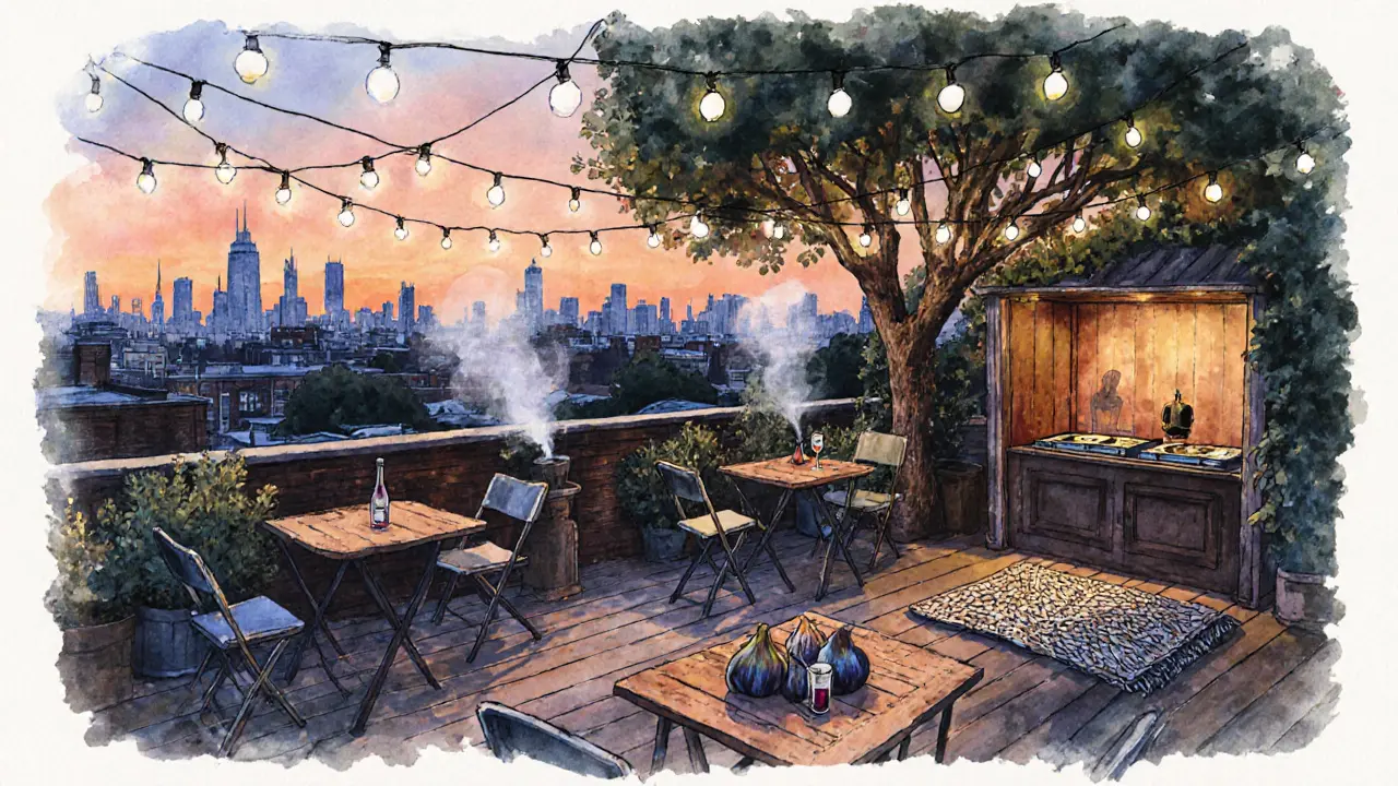 A quiet rooftop garden at night with string lights, a fig tree, and the London skyline in the distance.
