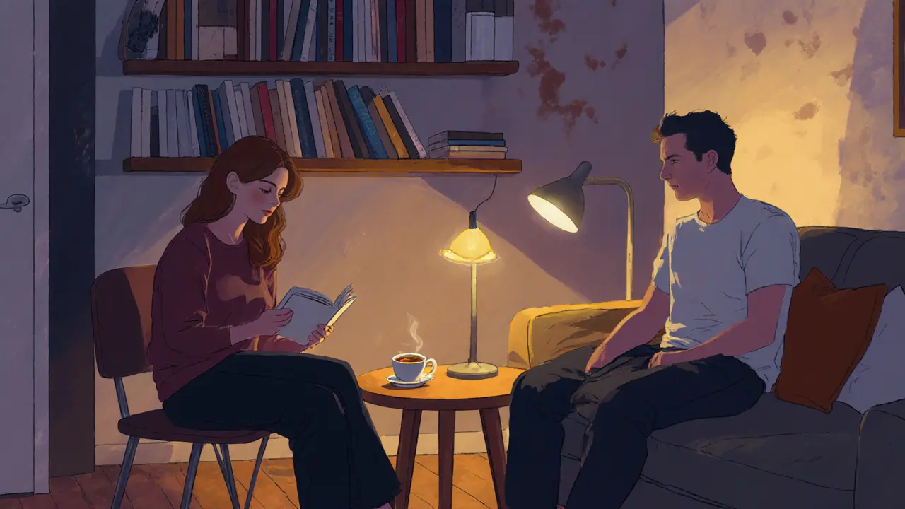 A relaxed couple in a cozy Berlin apartment, sharing quiet presence without performance.