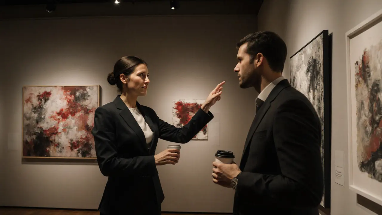 A woman in a suit pointing at artwork in an art gallery while a man listens attentively, surrounded by contemporary paintings.