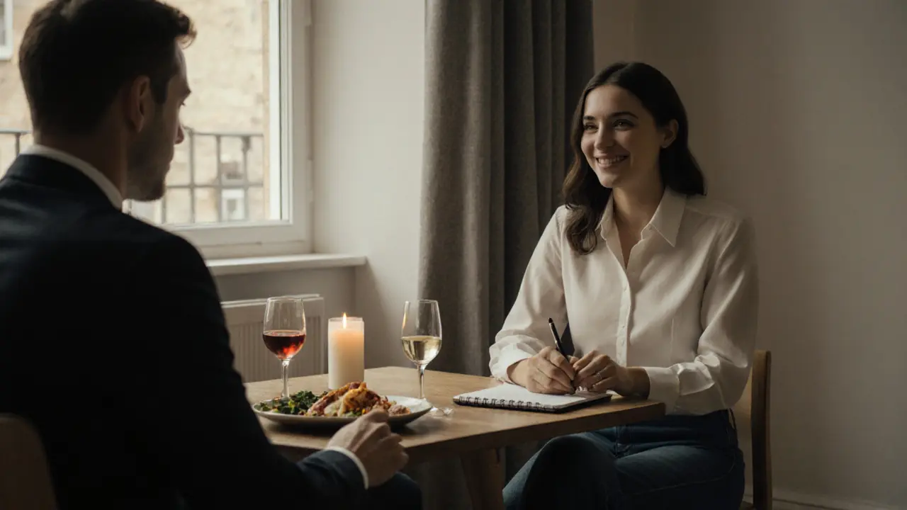 A woman listens attentively as a man speaks at a small table in a cozy London Airbnb, candlelight casting a warm glow.