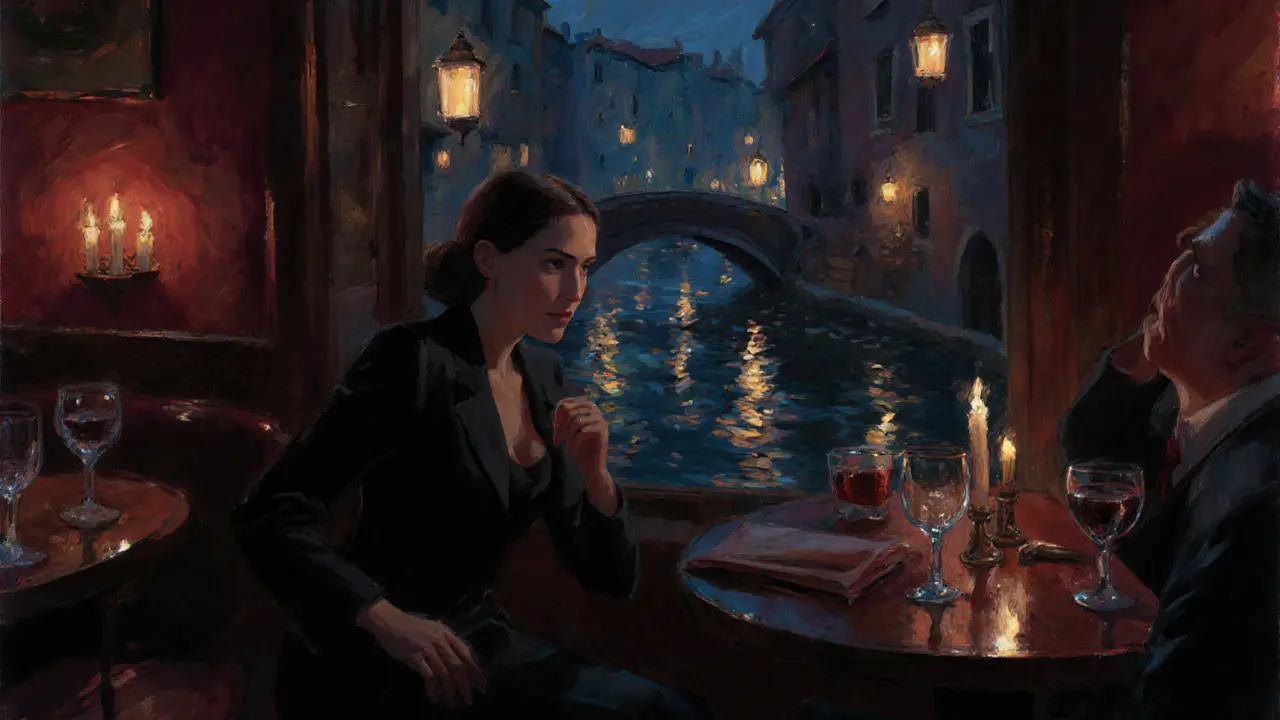 A woman listens intently in a candlelit wine bar near Navigli Canals, lanterns glowing on the water.