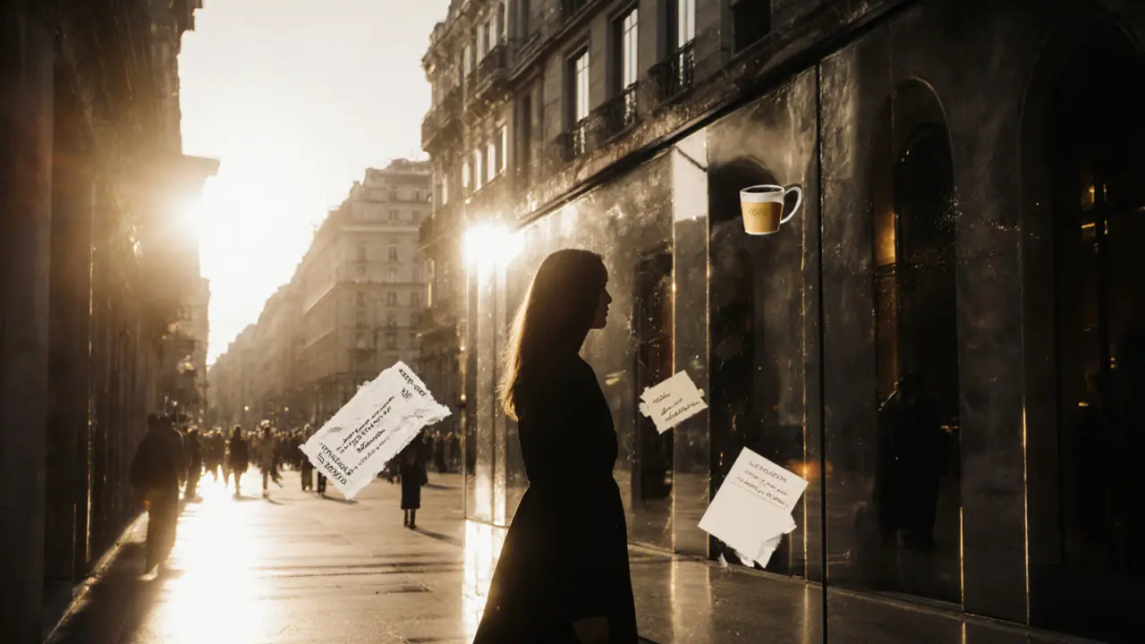 A woman stands silhouetted in Milan's fashion district as golden light blends her with the city's architecture.