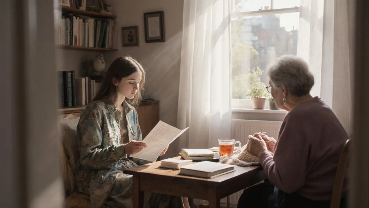 A young woman reads poetry in a cozy room, another woman knits nearby, sunlight streaming through curtains.