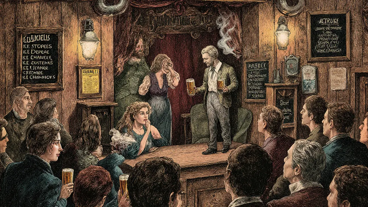 Actors performing a scene from Hamlet in a cozy pub filled with attentive audience members.