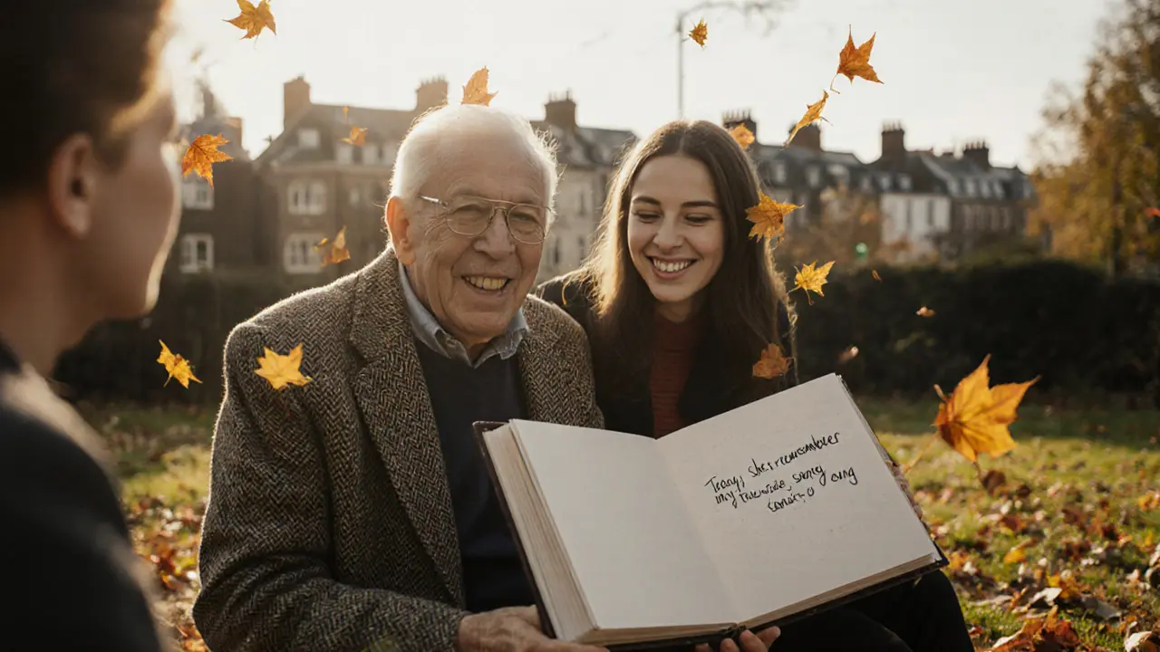 An elderly man holds a photo album in a garden as a woman stands beside him, autumn leaves falling around them.
