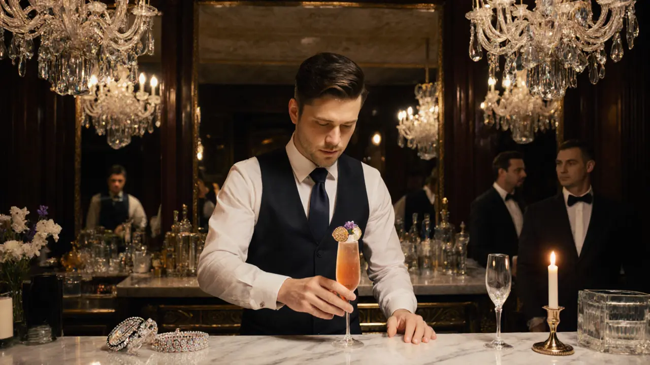 An elegant bar with a bartender mixing a sparkling cocktail under crystal chandeliers.