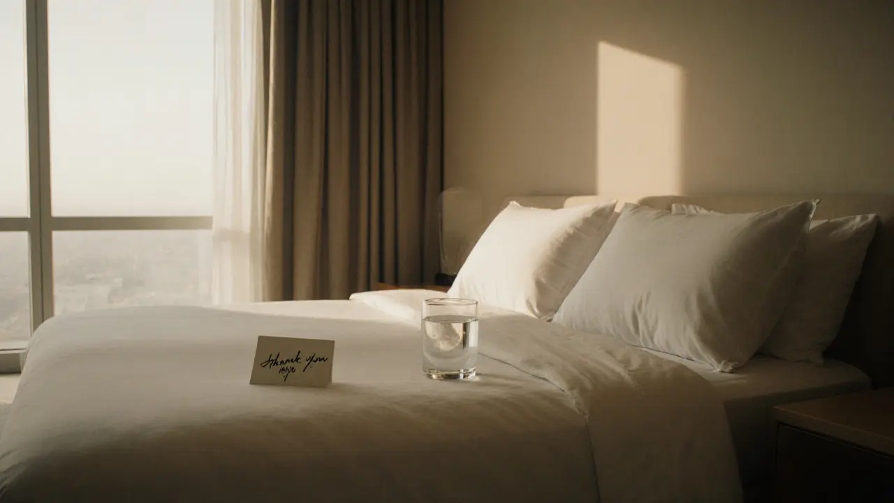 An empty luxury Dubai apartment at dawn, showing quiet dignity after a discreet encounter.