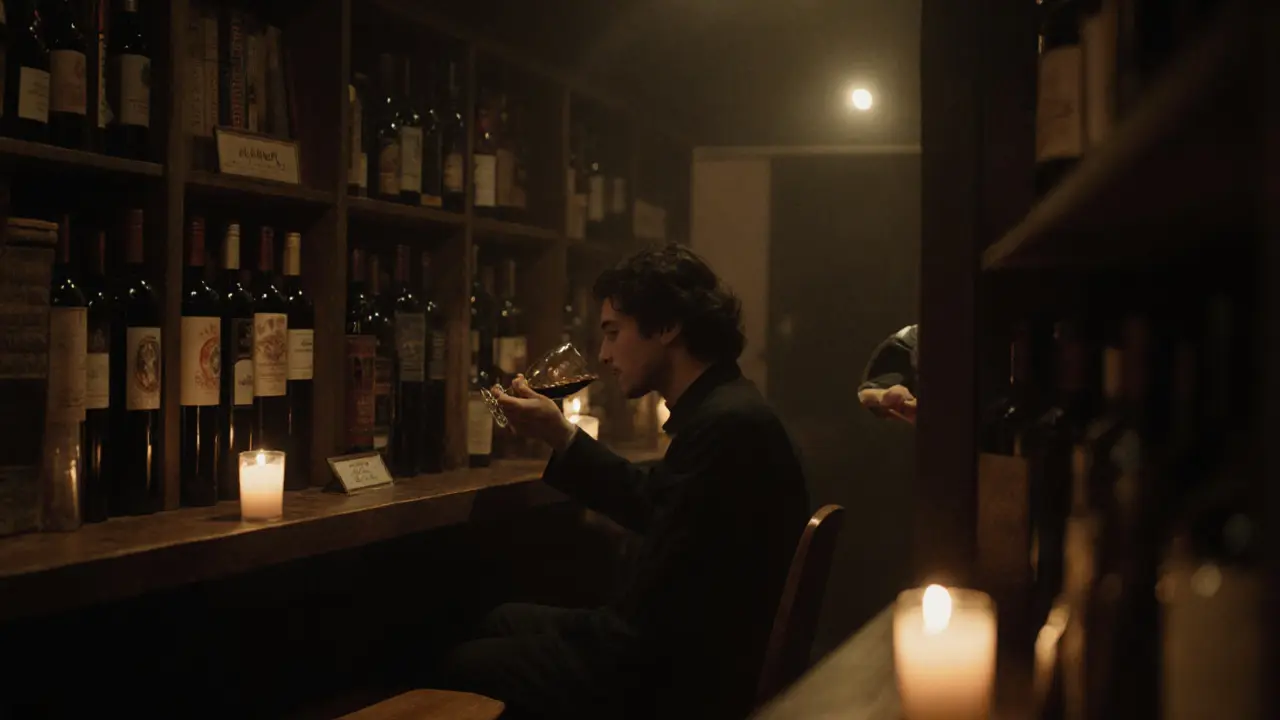 An intimate wine cellar with bookshelves and candlelight, someone tasting Turkish wine from a thin glass.