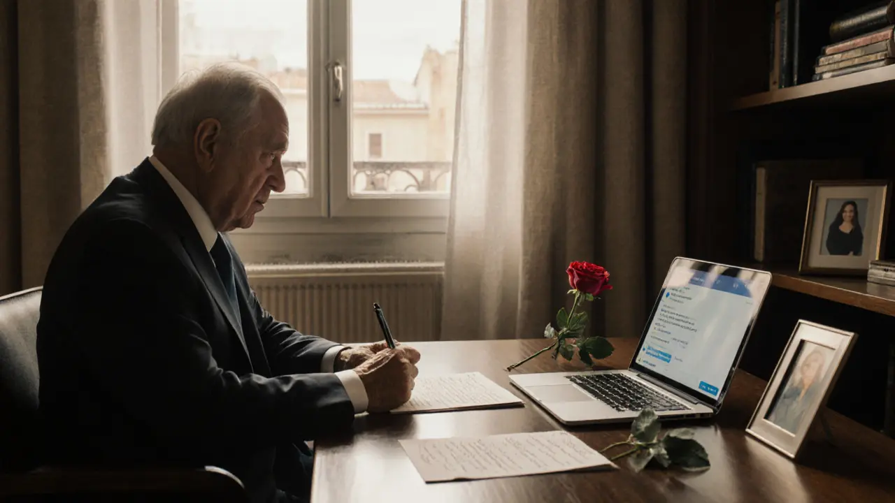 An older man sits alone in a sunlit study, a rose and letter on the desk, hinting at quiet reflection and loss.