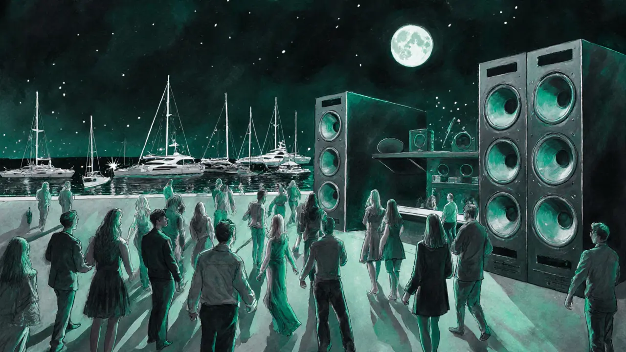 An open-air club at dusk with a crowd moving to deep house music and massive subwoofers visible.