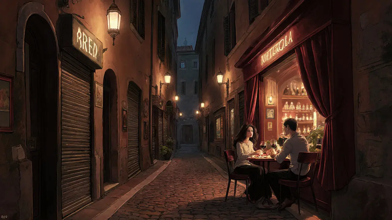 Brera’s quiet cobblestone street with candlelit wine bar and art galleries closed for the night.