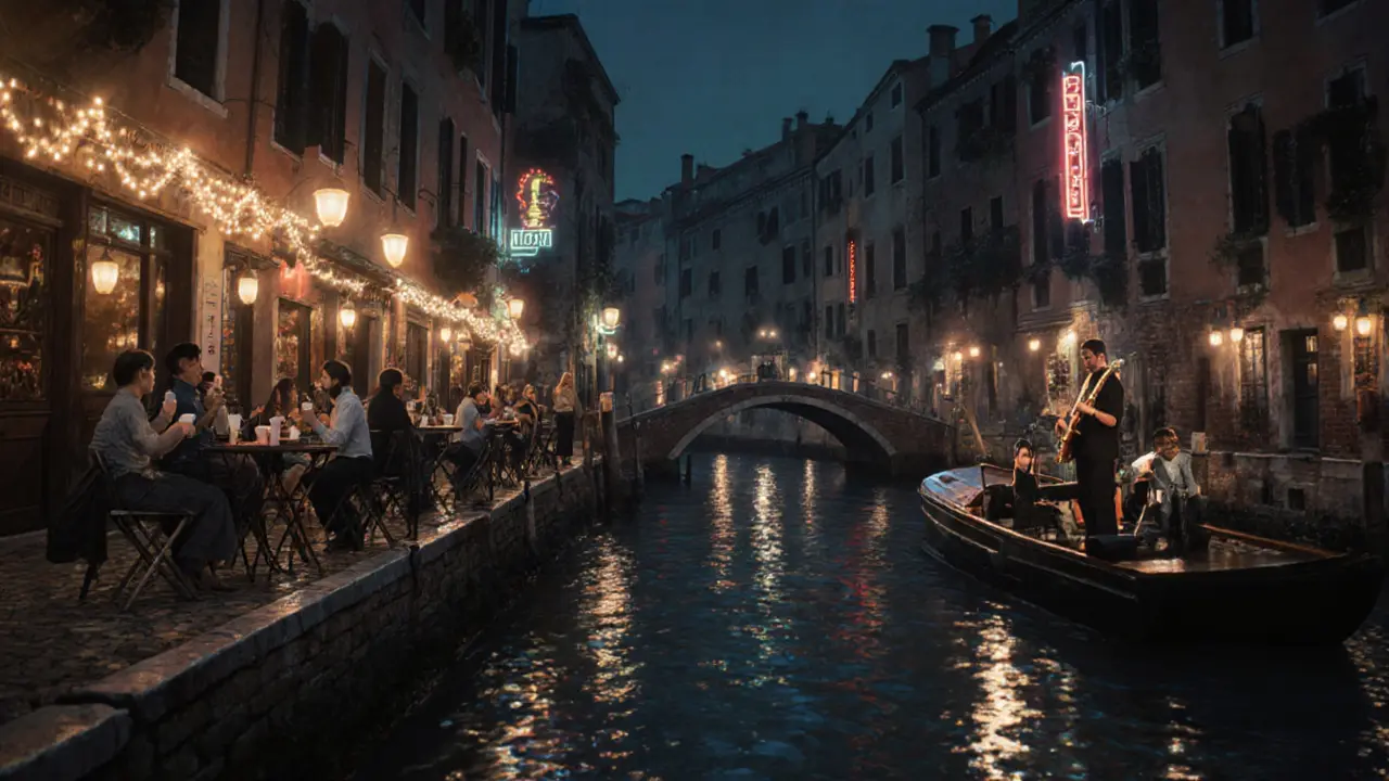 Canal-side nightlife with people enjoying drinks under string lights and floating music.