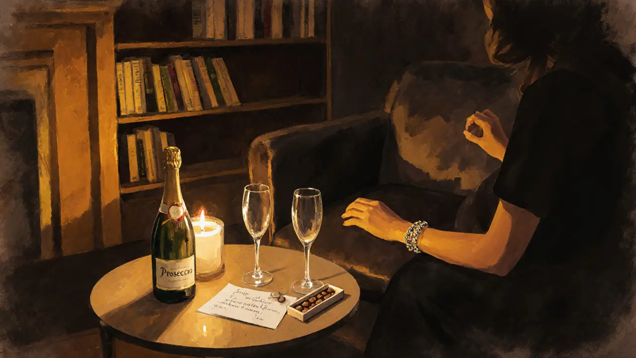 Candlelit lounge with Prosecco, a handwritten note, and minimalist jewelry on a velvet chair.