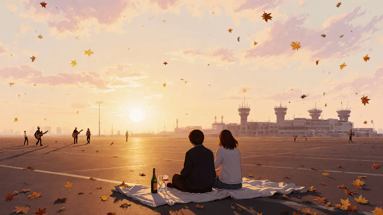 Couple sitting on a blanket at Tempelhofer Feld at sunset, watching the sky over the old airport runway.