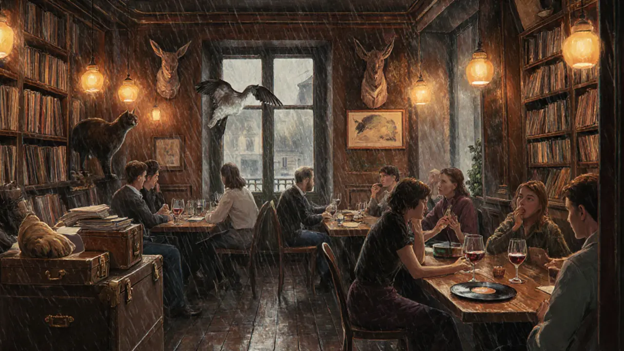 Cozy vintage bar filled with suitcases, vinyl records, and locals sipping wine in warm lamplight.