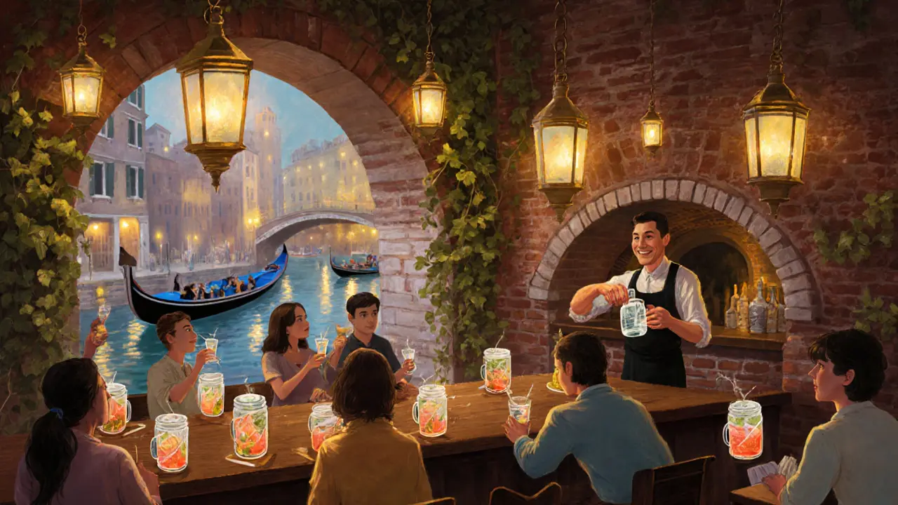 Cozy warehouse bar by a canal with lanterns and patrons enjoying drinks.