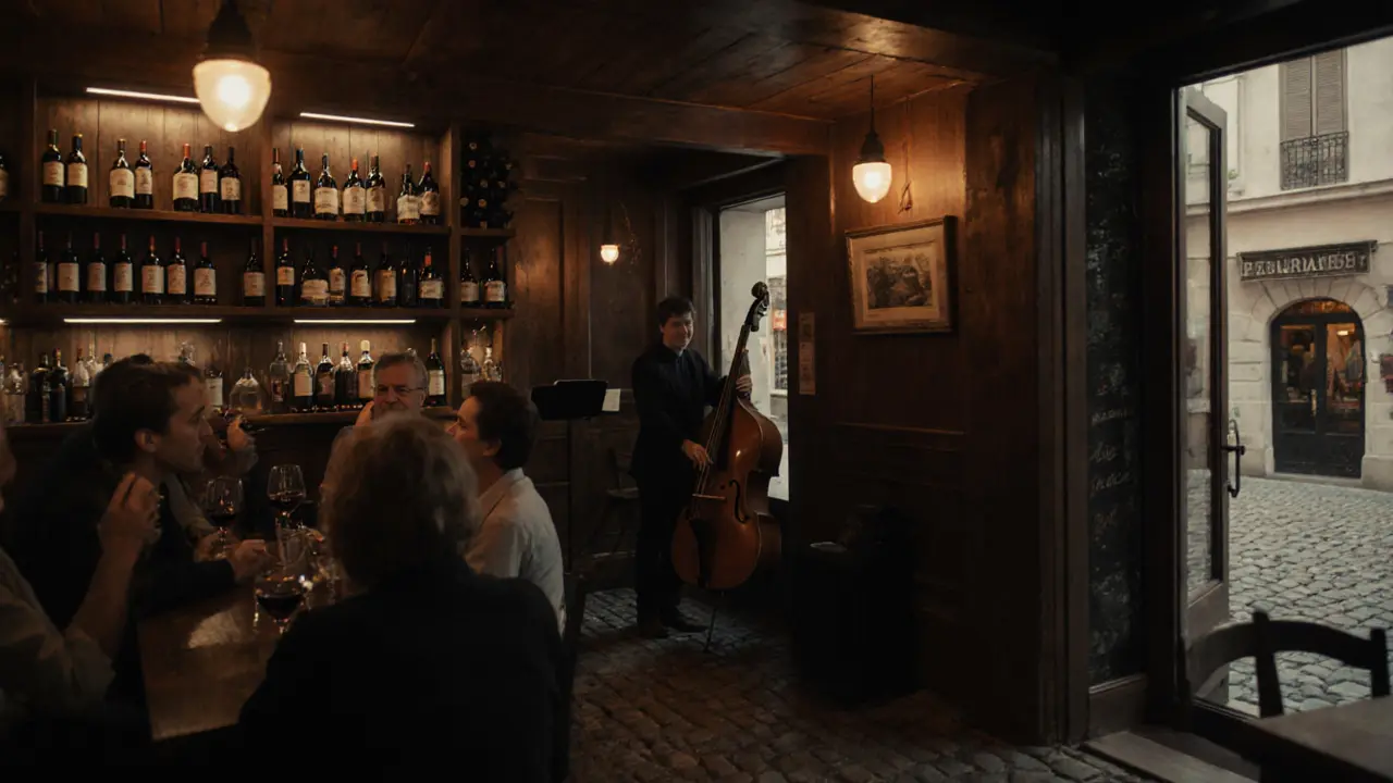 Cozy wine bar Le Bar à Vin with locals enjoying jazz and warm ambient lighting.