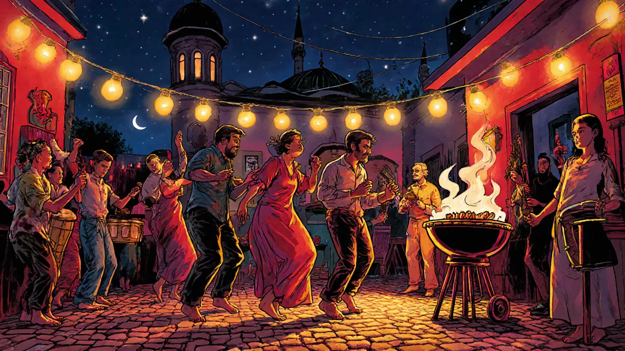 Crowd dancing in a courtyard bar under string lights with musicians playing traditional instruments.