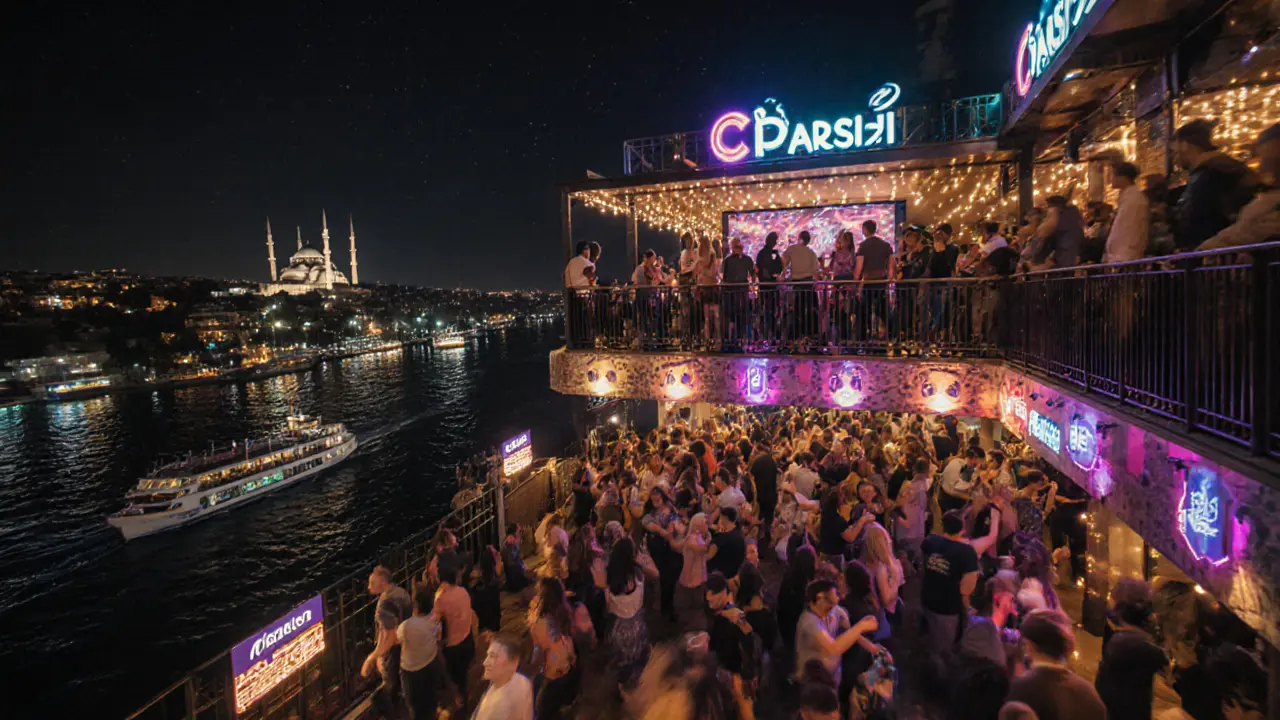 Dancers on a balcony above the Bosphorus at Ortaköy’s Çarşı club under neon lights.