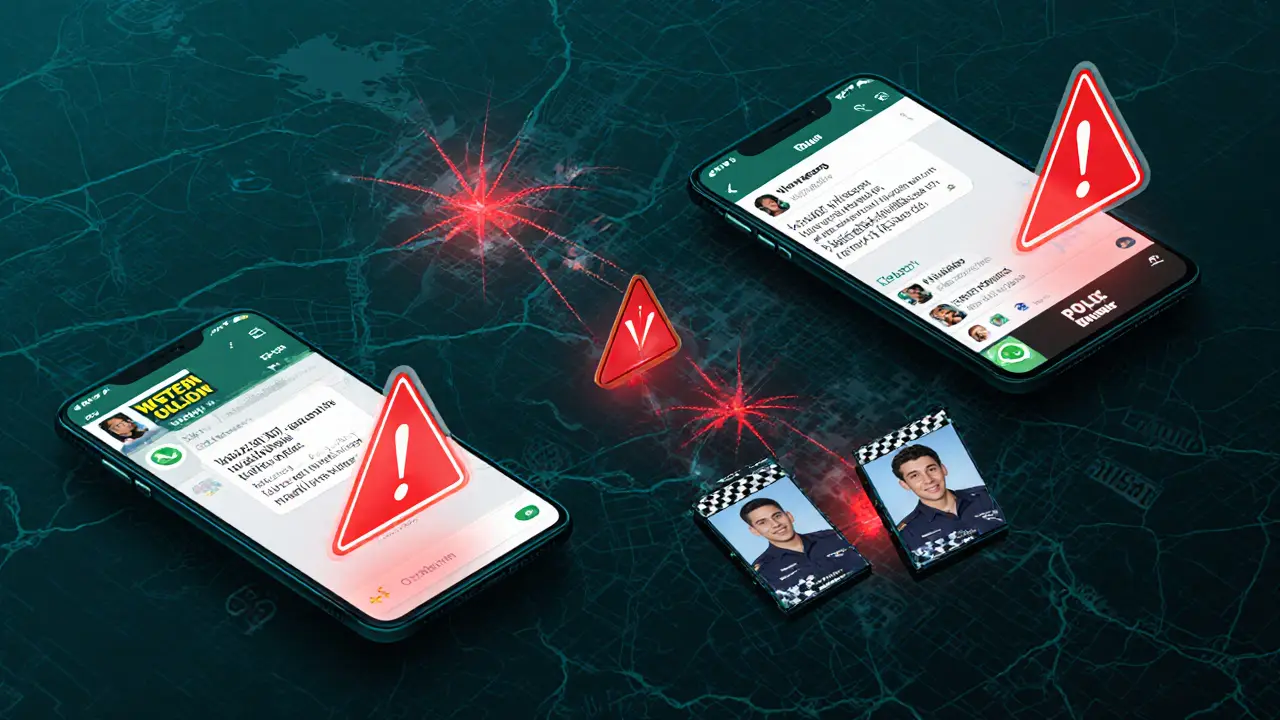 Digital warning icons overlay smartphone screens and Abu Dhabi map, showing scam patterns and police surveillance.