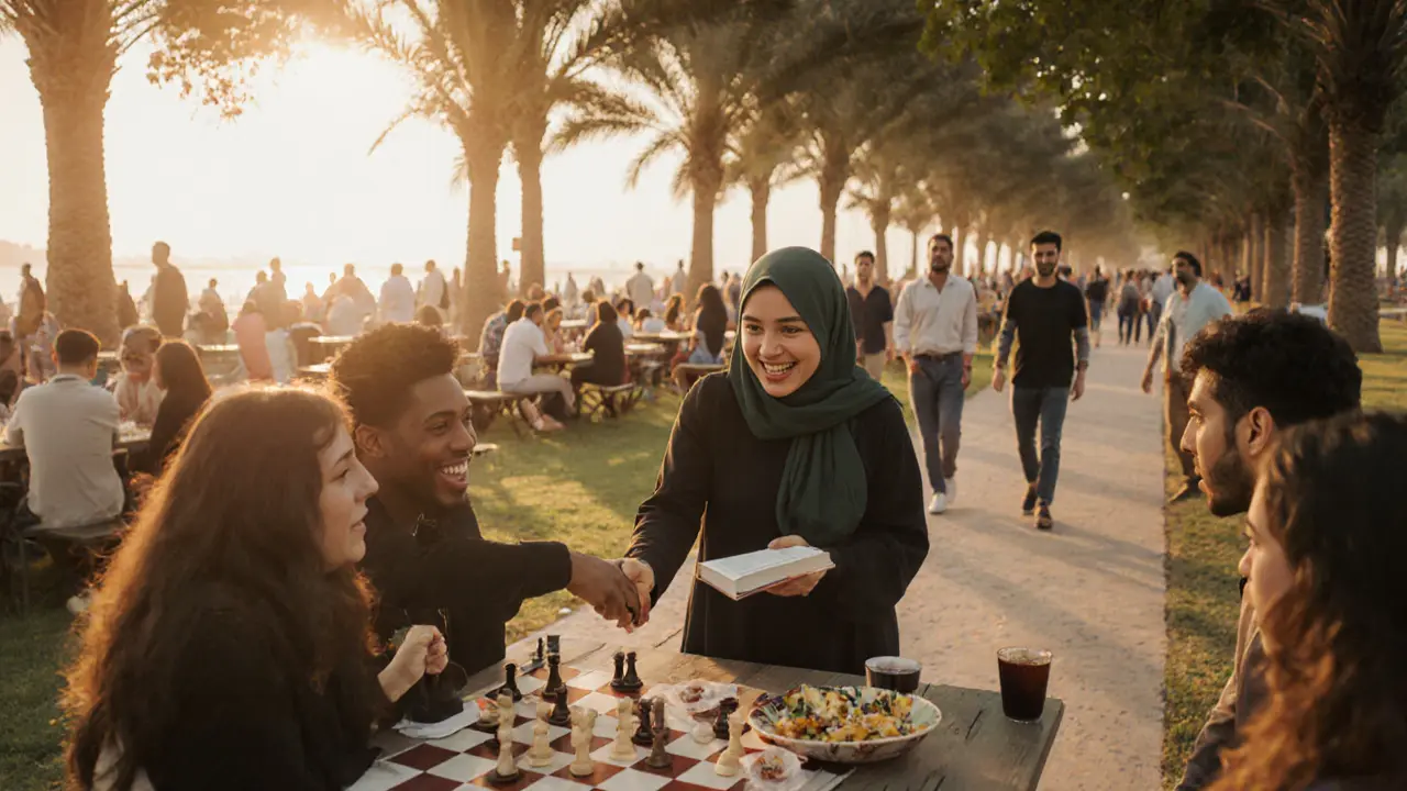 Diverse expats socialize in a sunny Abu Dhabi park, sharing food and books during a community meetup.