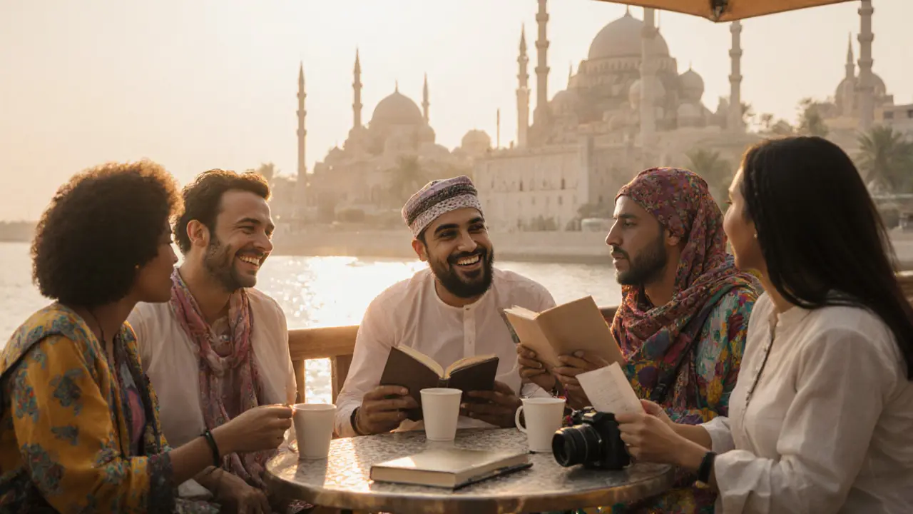 Diverse group enjoying coffee at a Corniche café, golden light, cultural exchange in a safe, public setting.
