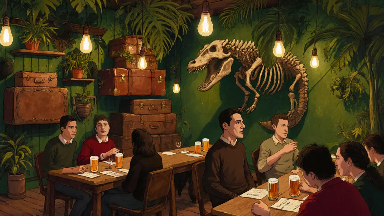 Eclectic bar with plants, vintage suitcases, and a crocodile skeleton, people sipping beer from handwritten tasting flights.