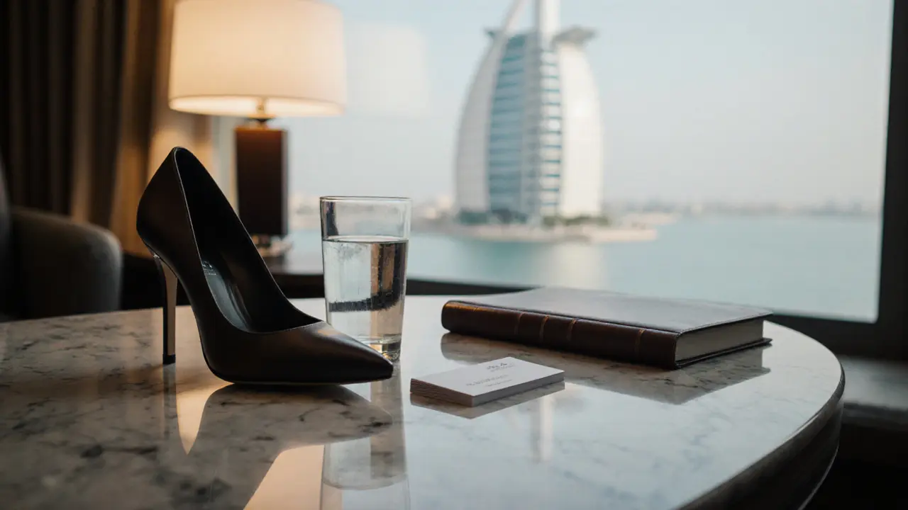Empty luxury hotel lounge table with a shoe and business card, suggesting a discreet, dignified companionship.