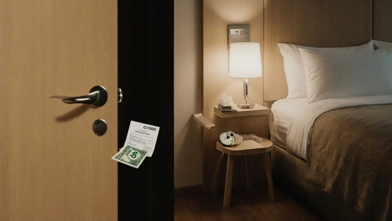 €50 bill on a hotel room threshold with a clock showing 9 PM, symbolizing respectful departure.