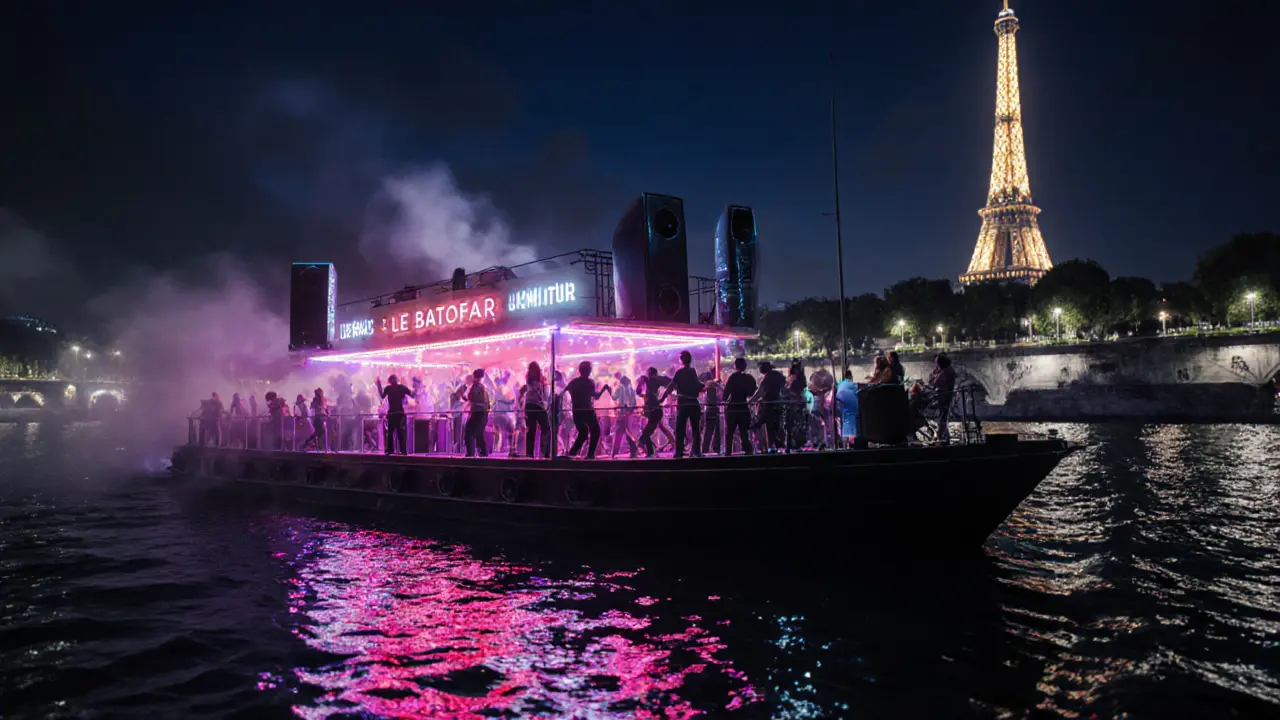 Floating nightclub on the Seine at night, dancers under neon lights with Eiffel Tower reflections.