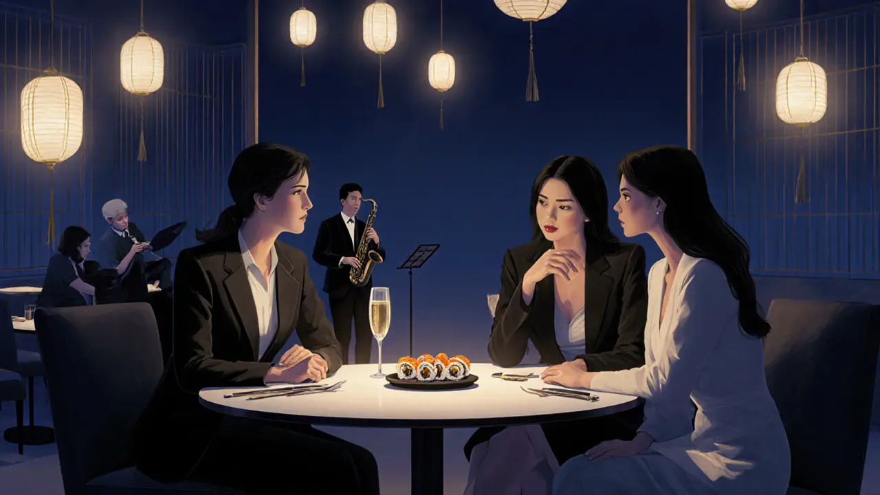 Group of women dining in elegant setting with sushi and soft jazz at Zuma Abu Dhabi.