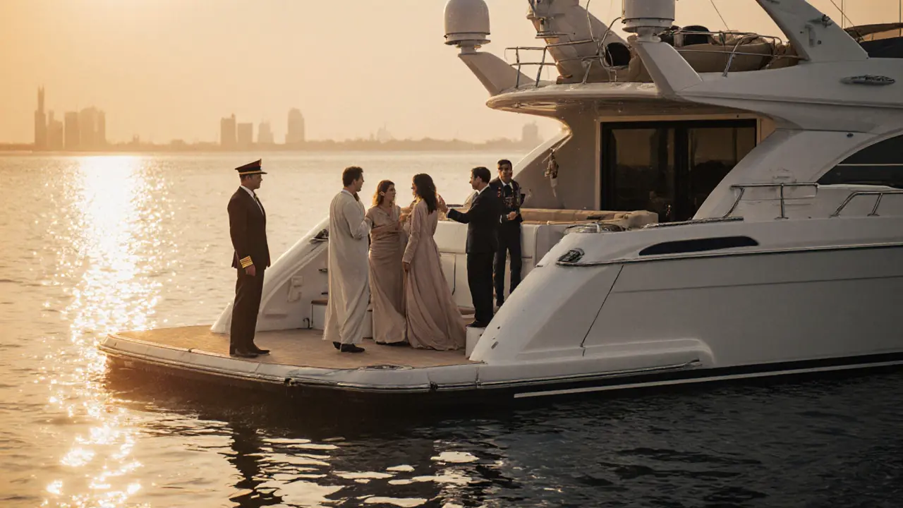 Guests socializing on a private yacht at sunset along Abu Dhabi's coast.