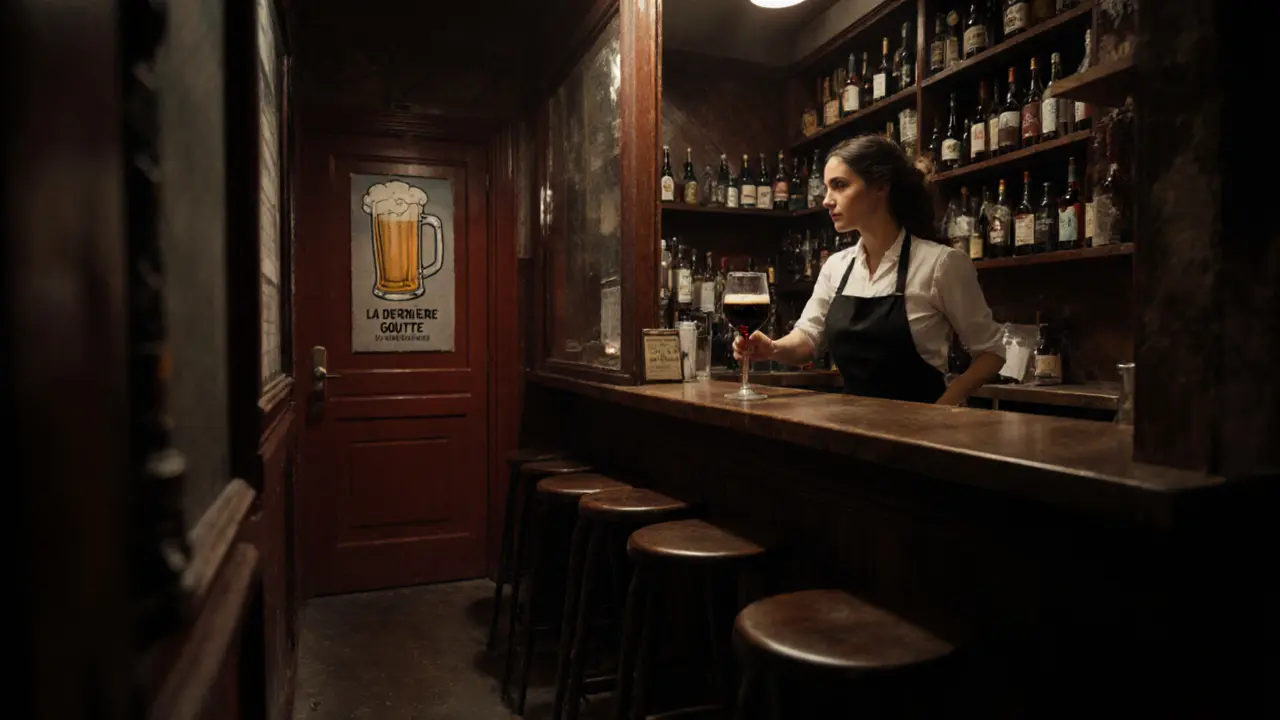 Hidden beer bar with a red door and painted beer glass, rare bottles lit by dim light, a server pouring a dark ale.