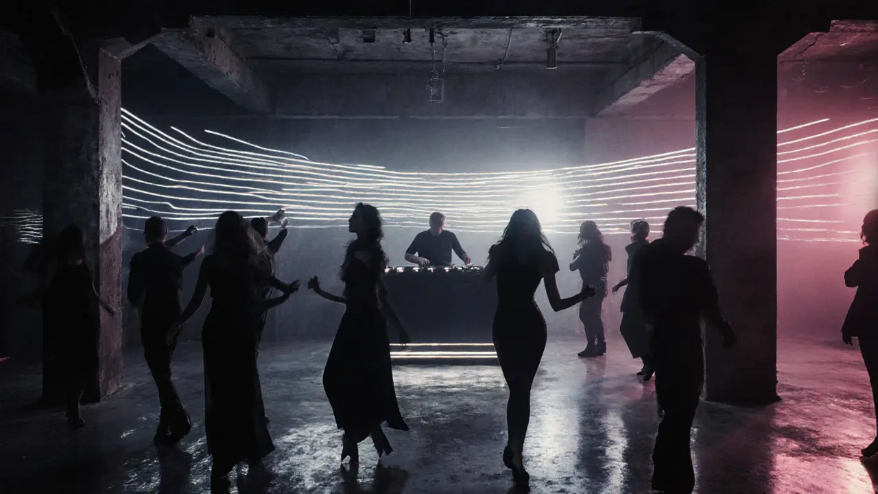 Industrial nightclub interior with silhouetted dancers and moody strobe lighting under deep techno beats.