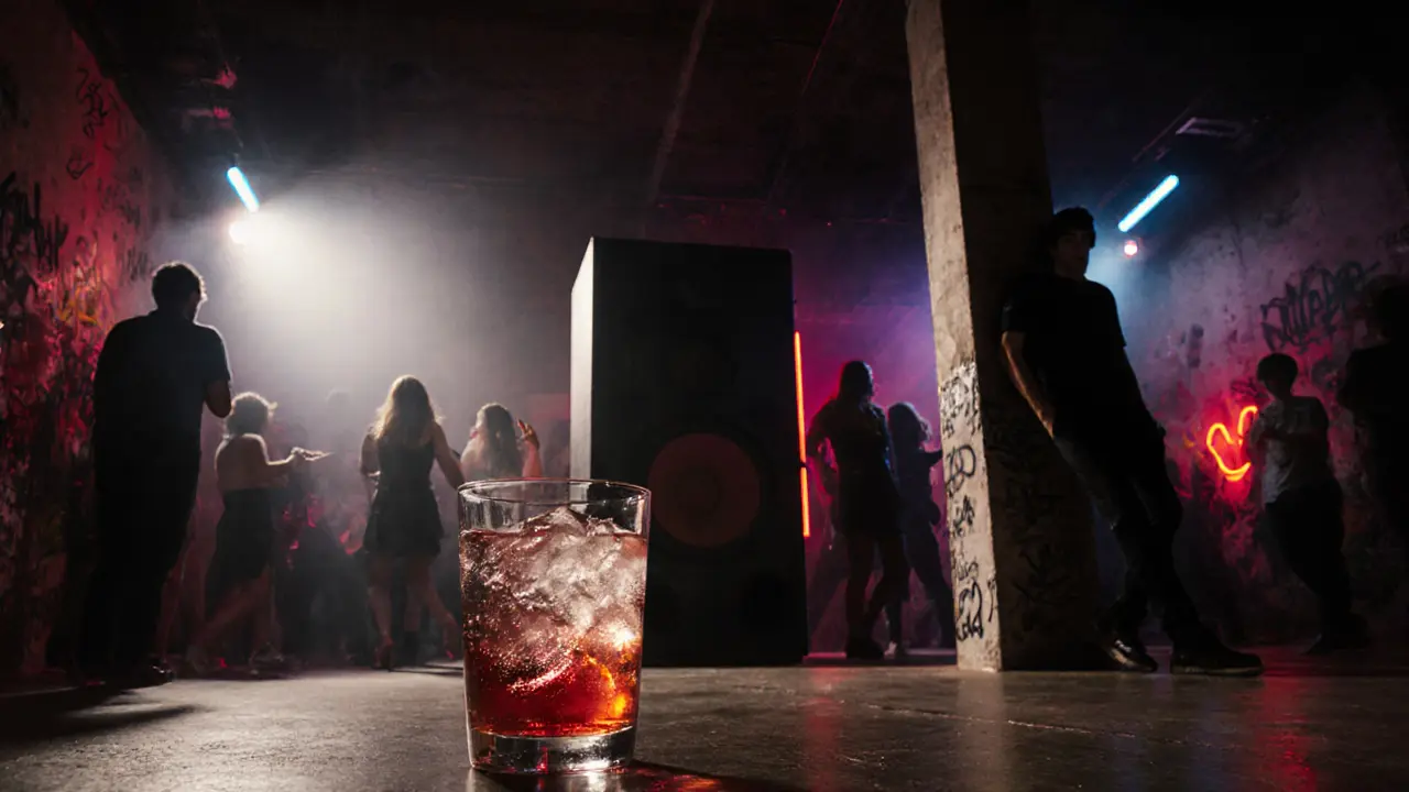 Industrial nightclub with pulsing lights and silhouettes dancing at night.