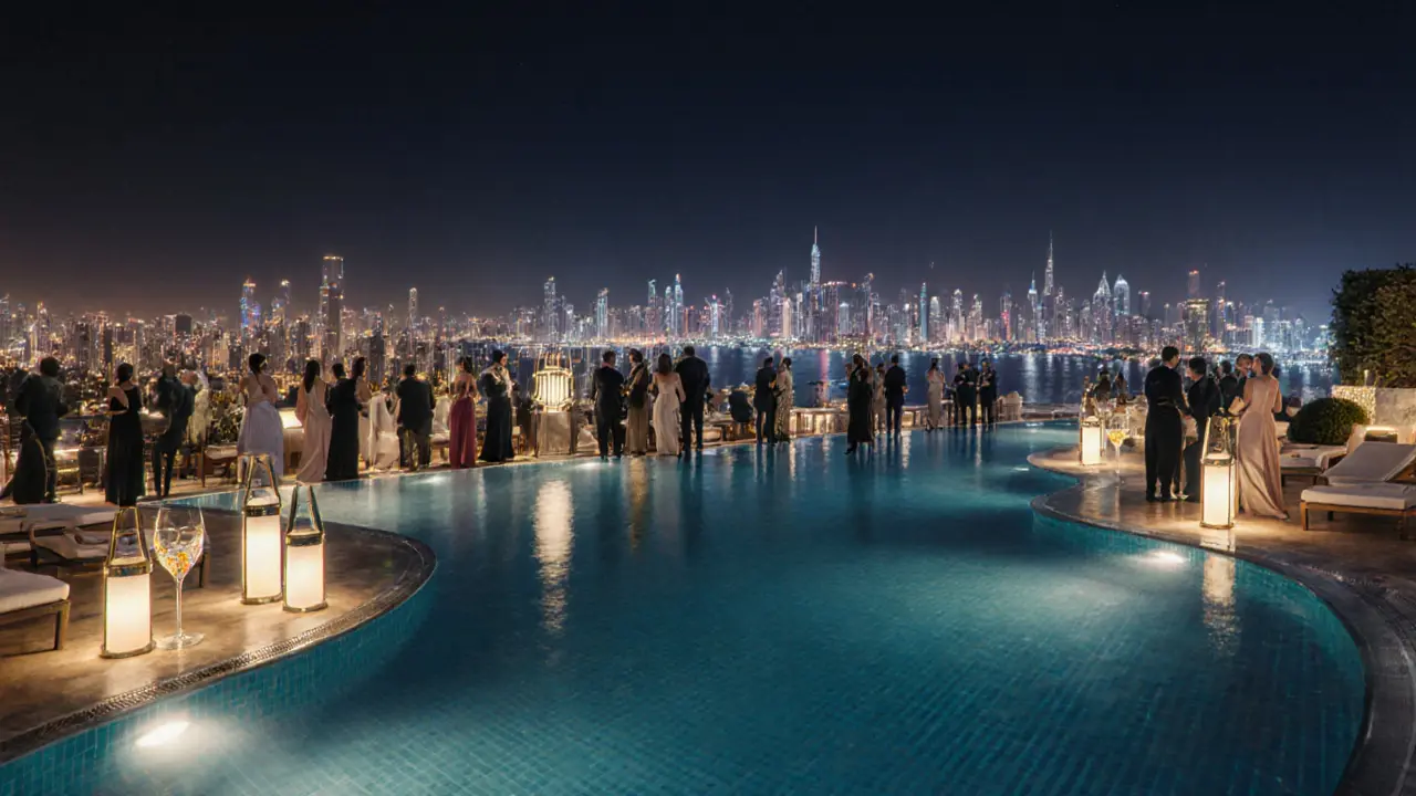 Infinity pool rooftop bar with LED cabanas and Abu Dhabi skyline at night.