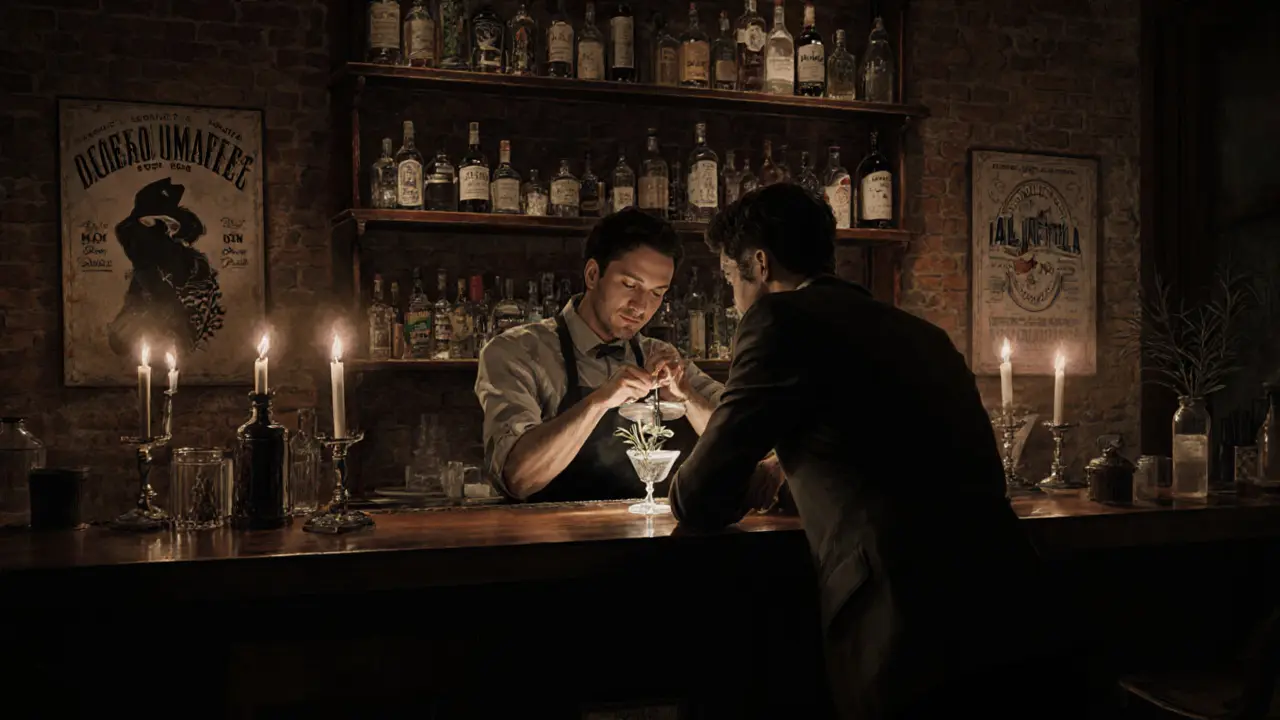 Intimate bar in Brera where a bartender prepares a custom cocktail in low light.